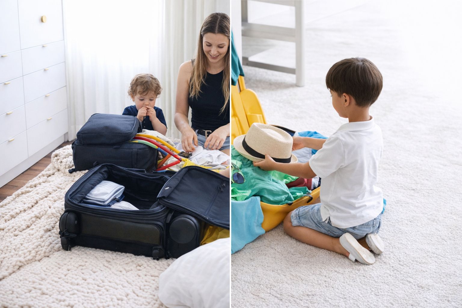 Une mère et ses enfants préparant leurs valises avec des vêtements de Kids Brand Store.