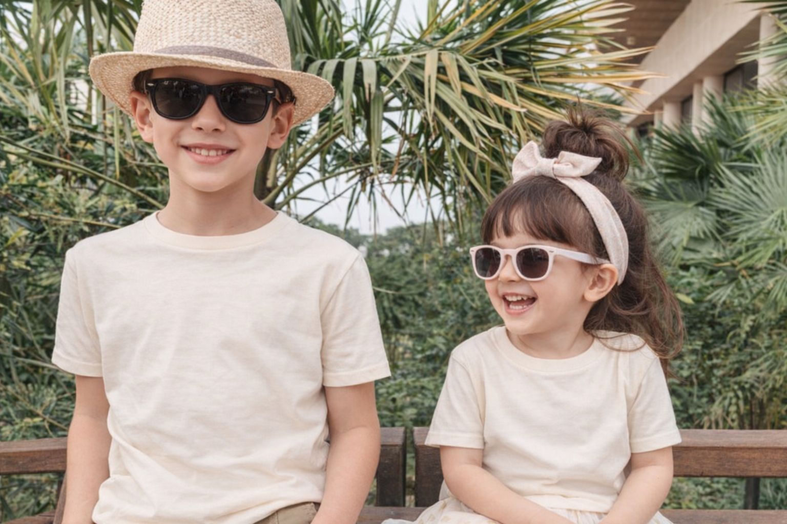 Deux enfants souriants en tenues d'été Kids Brand Store avec lunettes de soleil.